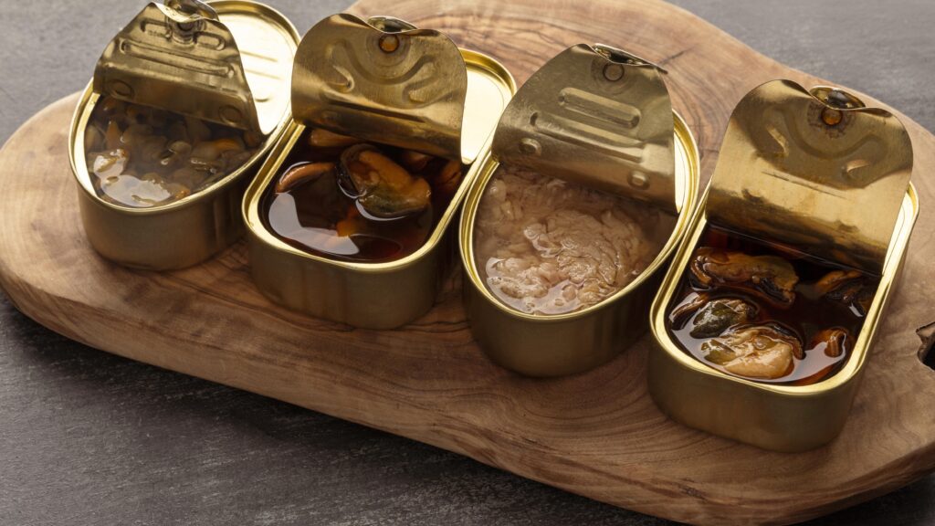 latas de pescado de angulo alto sobre tabla de madera